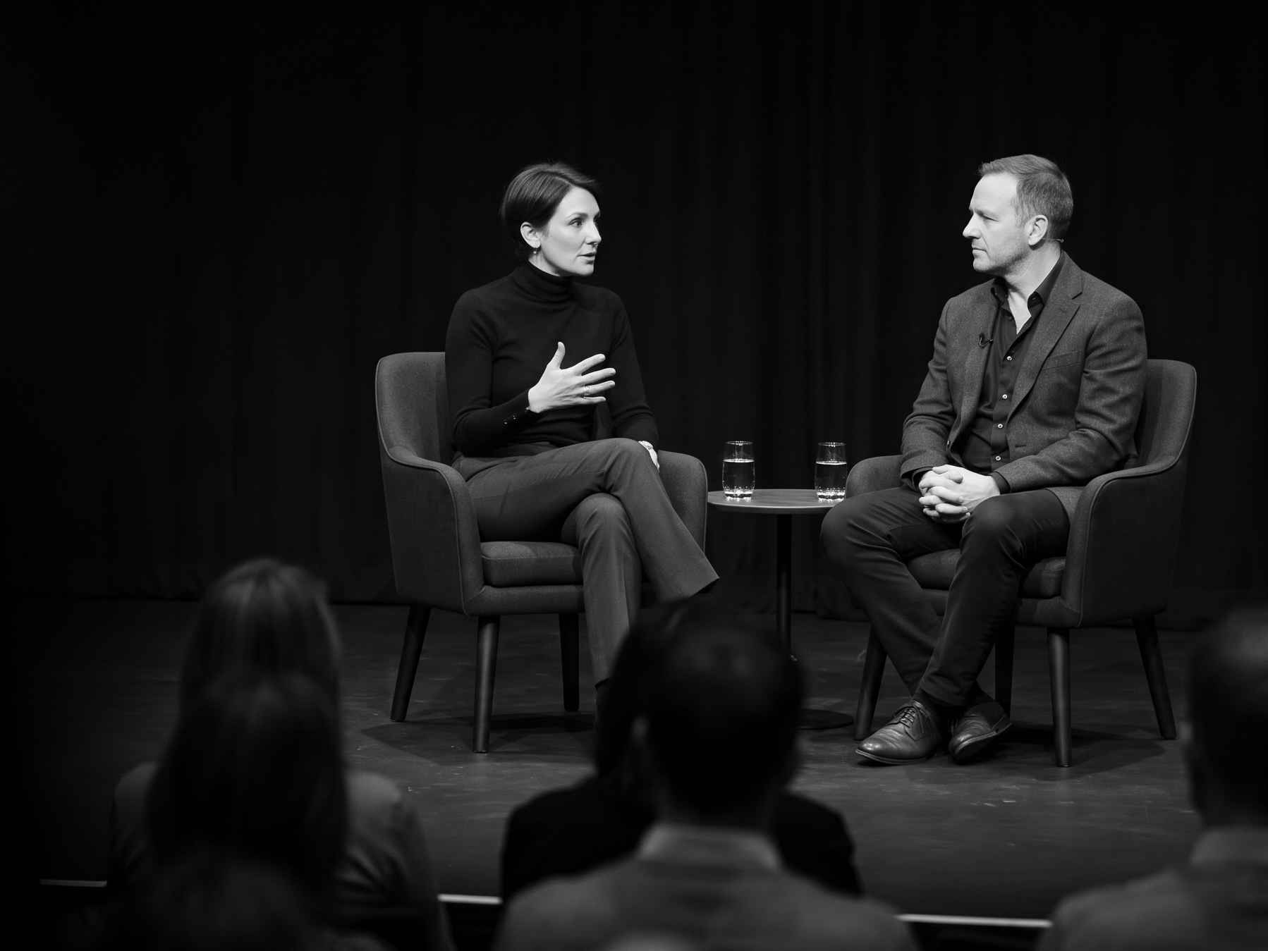 A woman and a man in conversation on stage in front of an audience