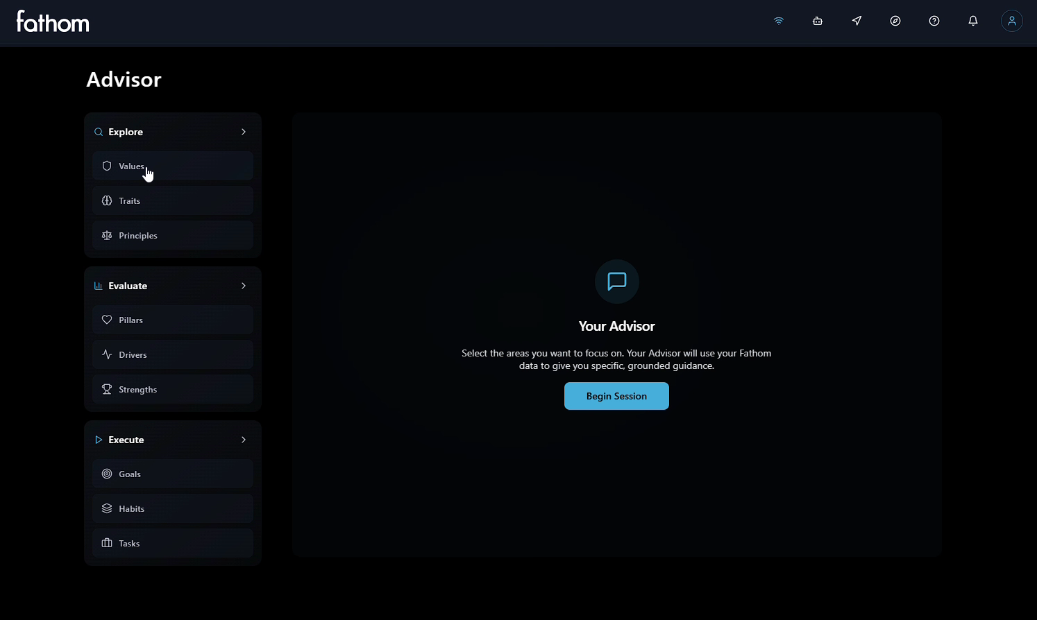 The Fathom Advisor giving guidance grounded in the user's Values, Pillars, Goals and Check-In history